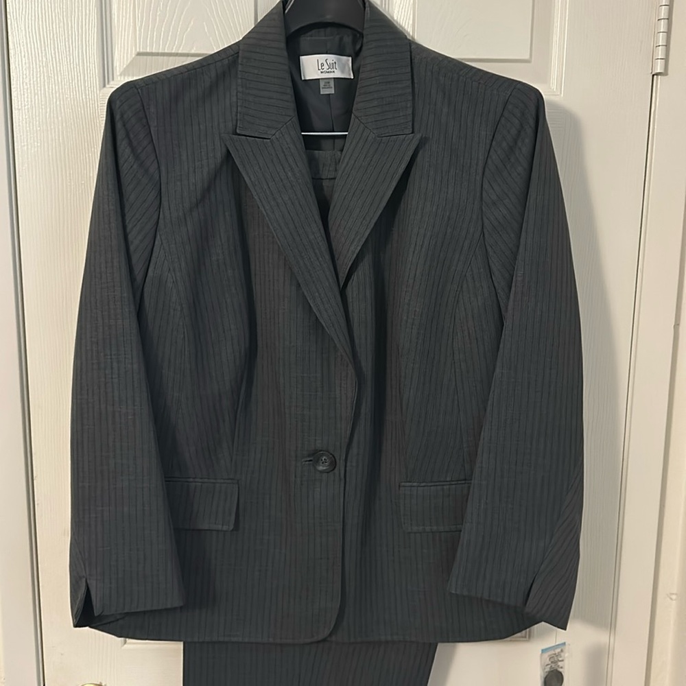Gray with pinstripes plus size 2 piece suit for work or interviews.